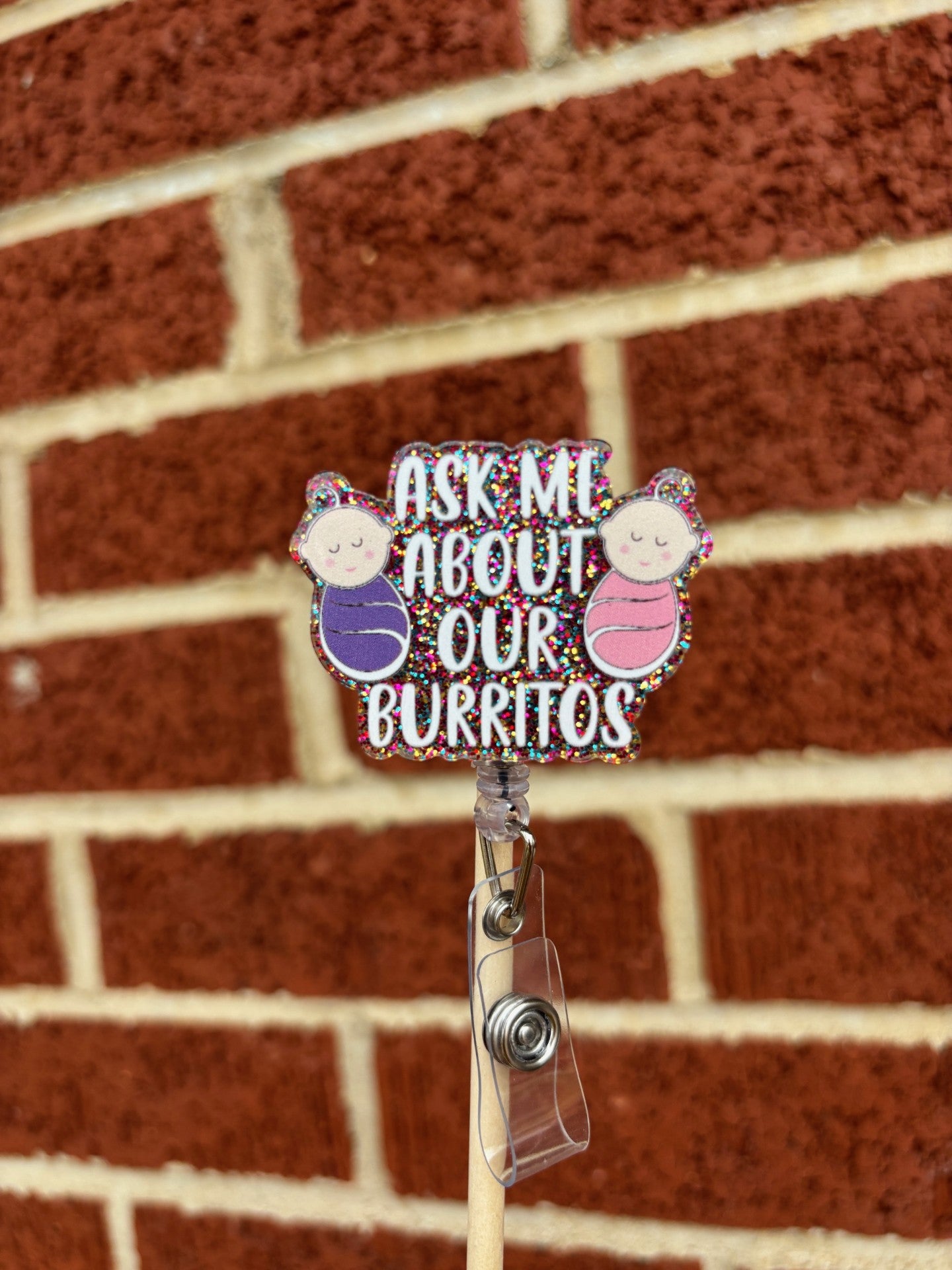 "Ask about our burritos" Badge Reel with Alligator clip