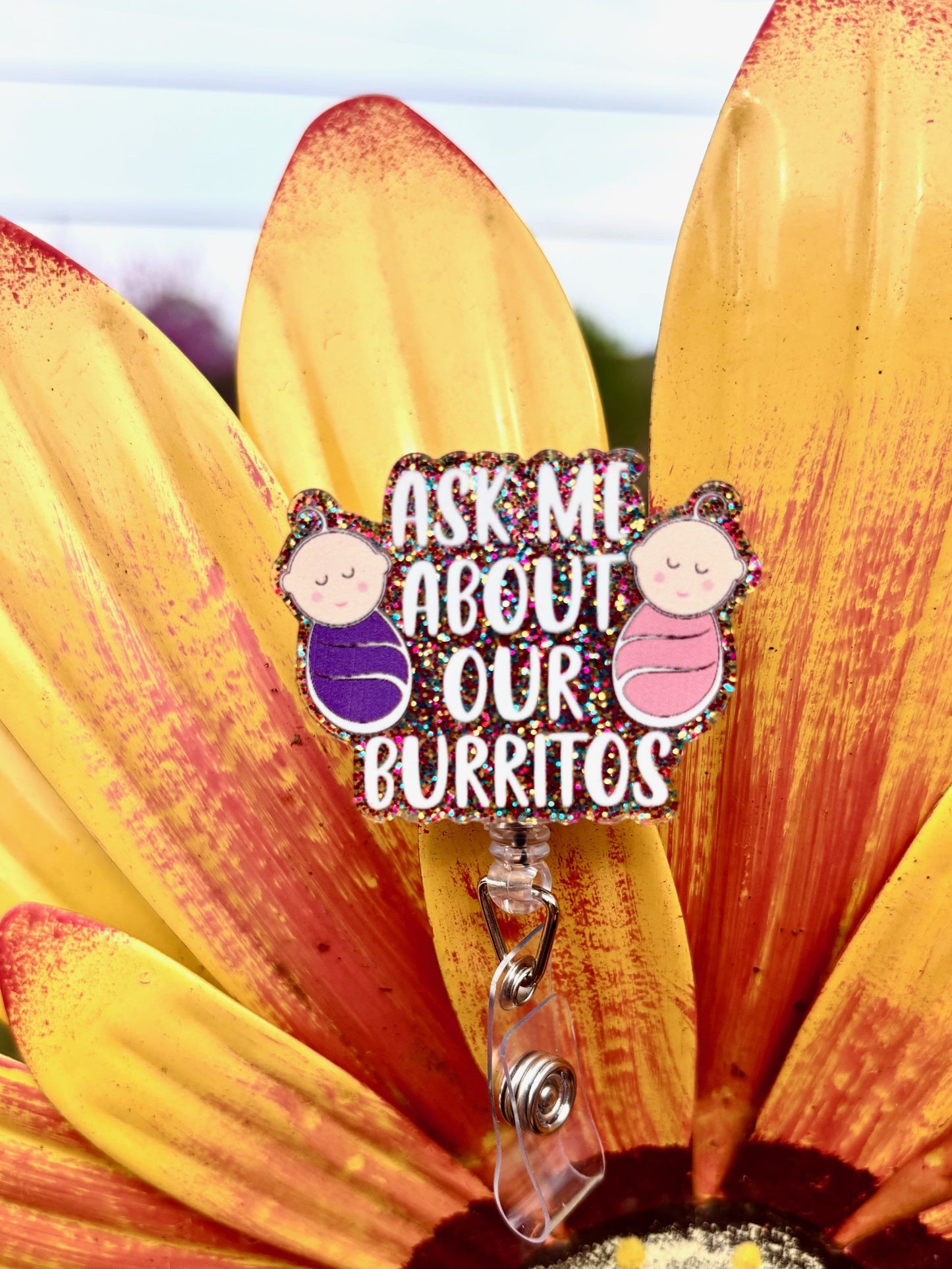 "Ask about our burritos" Badge Reel with Alligator clip