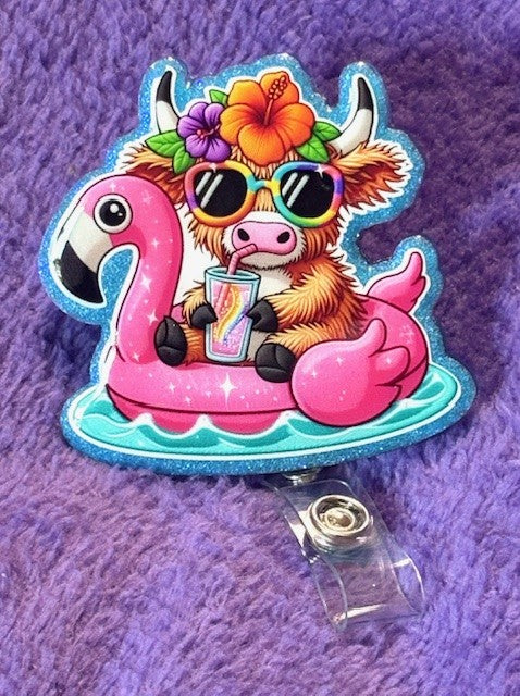 Bull on a Flamingo Floaty Badge Reel