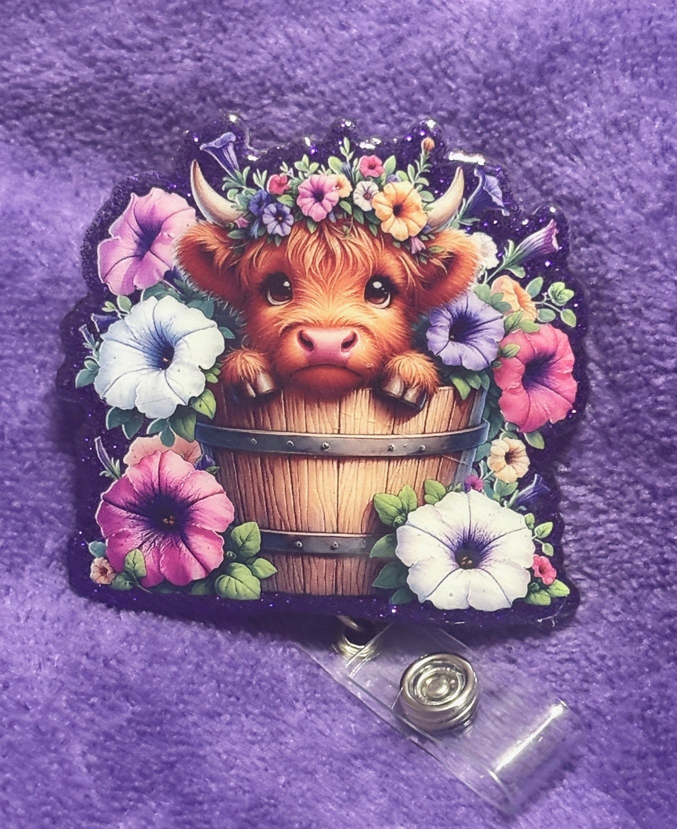 Cow in Flowers with Purple Background Badge Reel with Alligator Clip