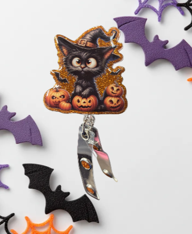 Black cat with pumpkins