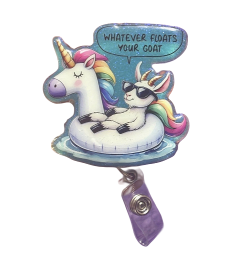 Goat on a Unicorn Floaty Badge Reel with Alligator Clip