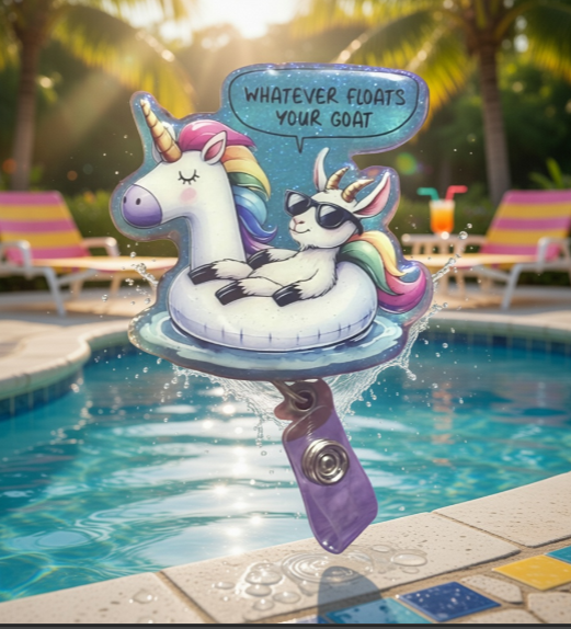 Goat on a Unicorn Floaty Badge Reel with Alligator Clip