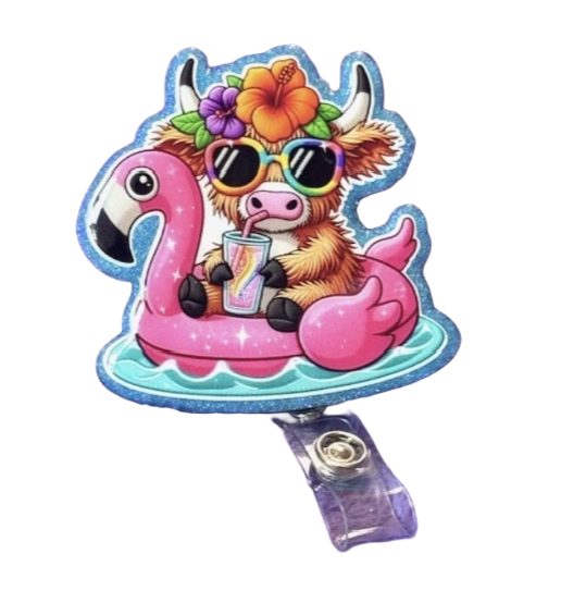 Bull on a Flamingo Floaty Badge Reel