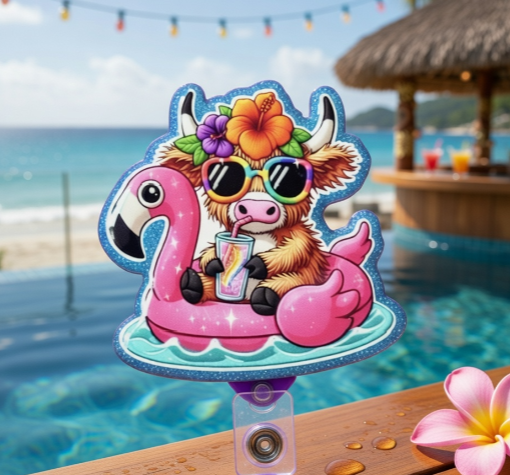 Bull on a Flamingo Floaty Badge Reel