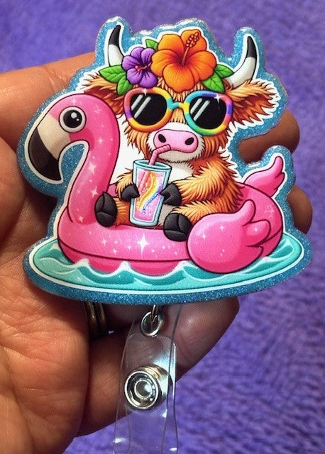 Bull on a Flamingo Floaty Badge Reel