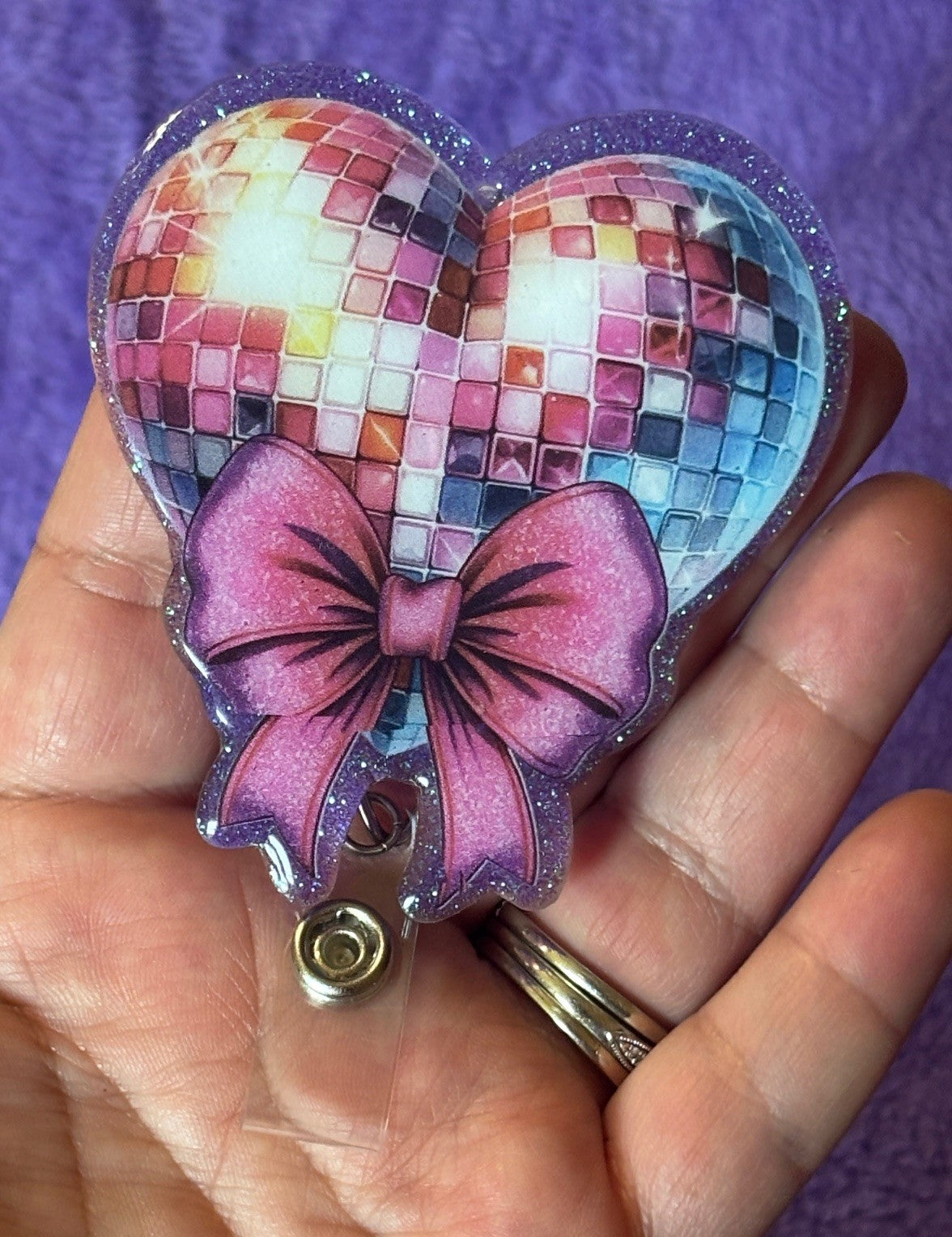Disco Heart with a Bow Badge Reel