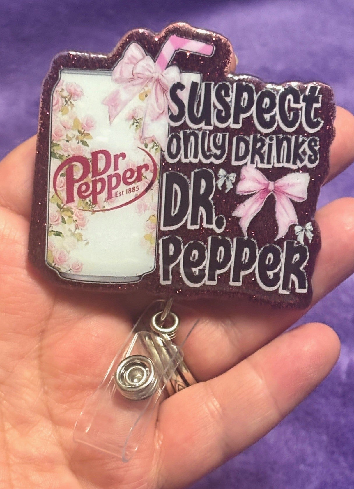 "Suspect Only Drink Dr. Pepper" Badge Reel with Alligator Clip