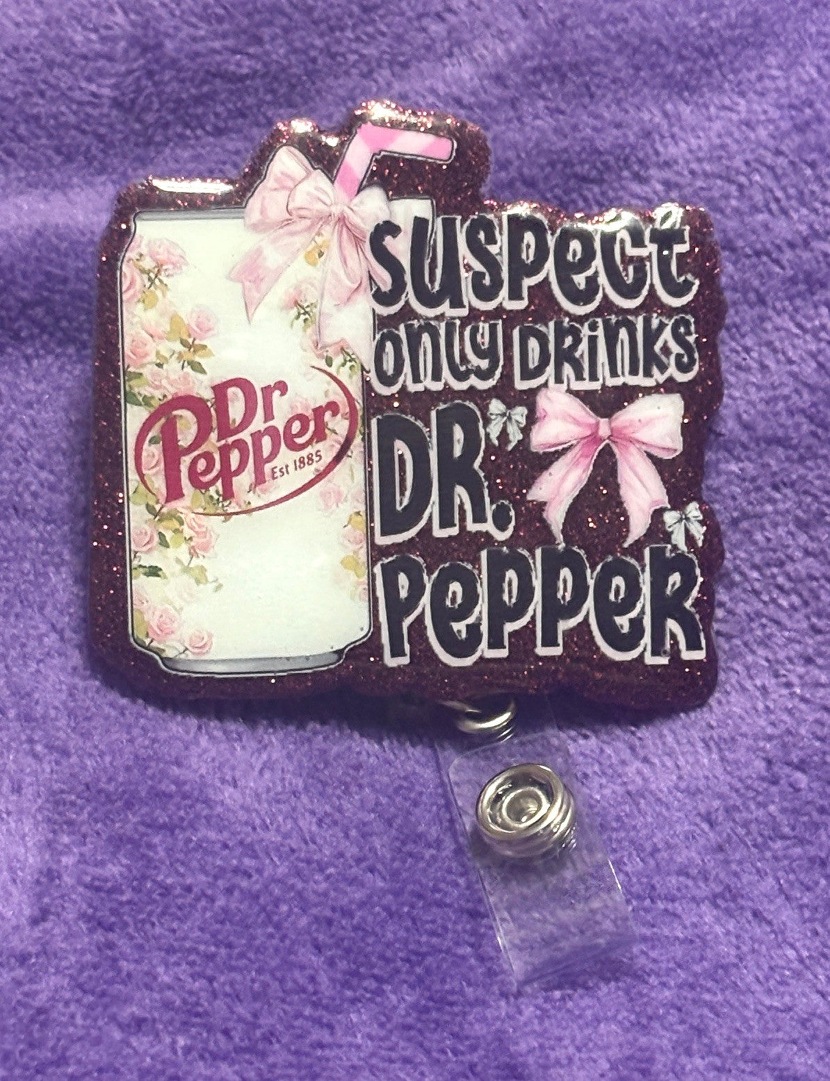 "Suspect Only Drink Dr. Pepper" Badge Reel with Alligator Clip