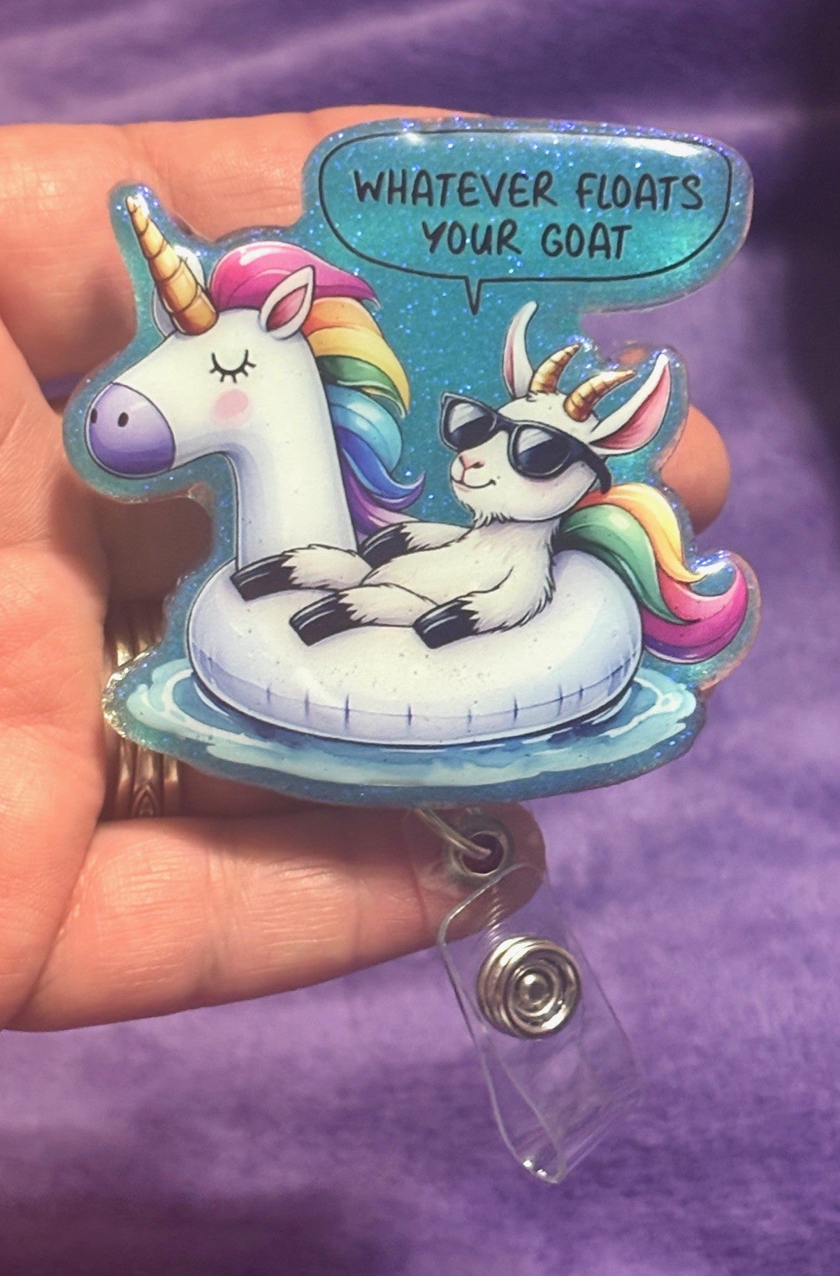 Goat on a Unicorn Floaty Badge Reel with Alligator Clip