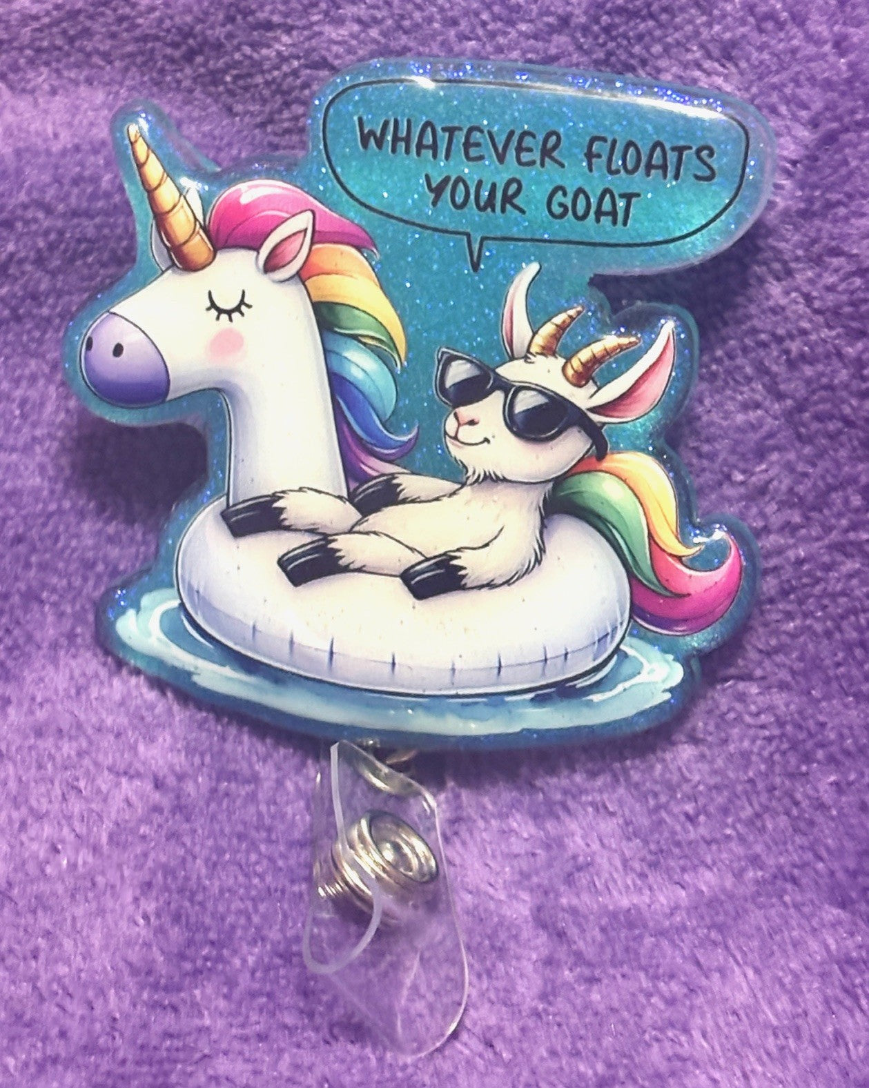 Goat on a Unicorn Floaty Badge Reel with Alligator Clip