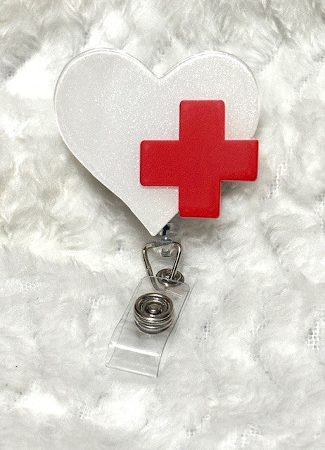 "White Heart with Red Cross" Badge Reel with Alligator clip
