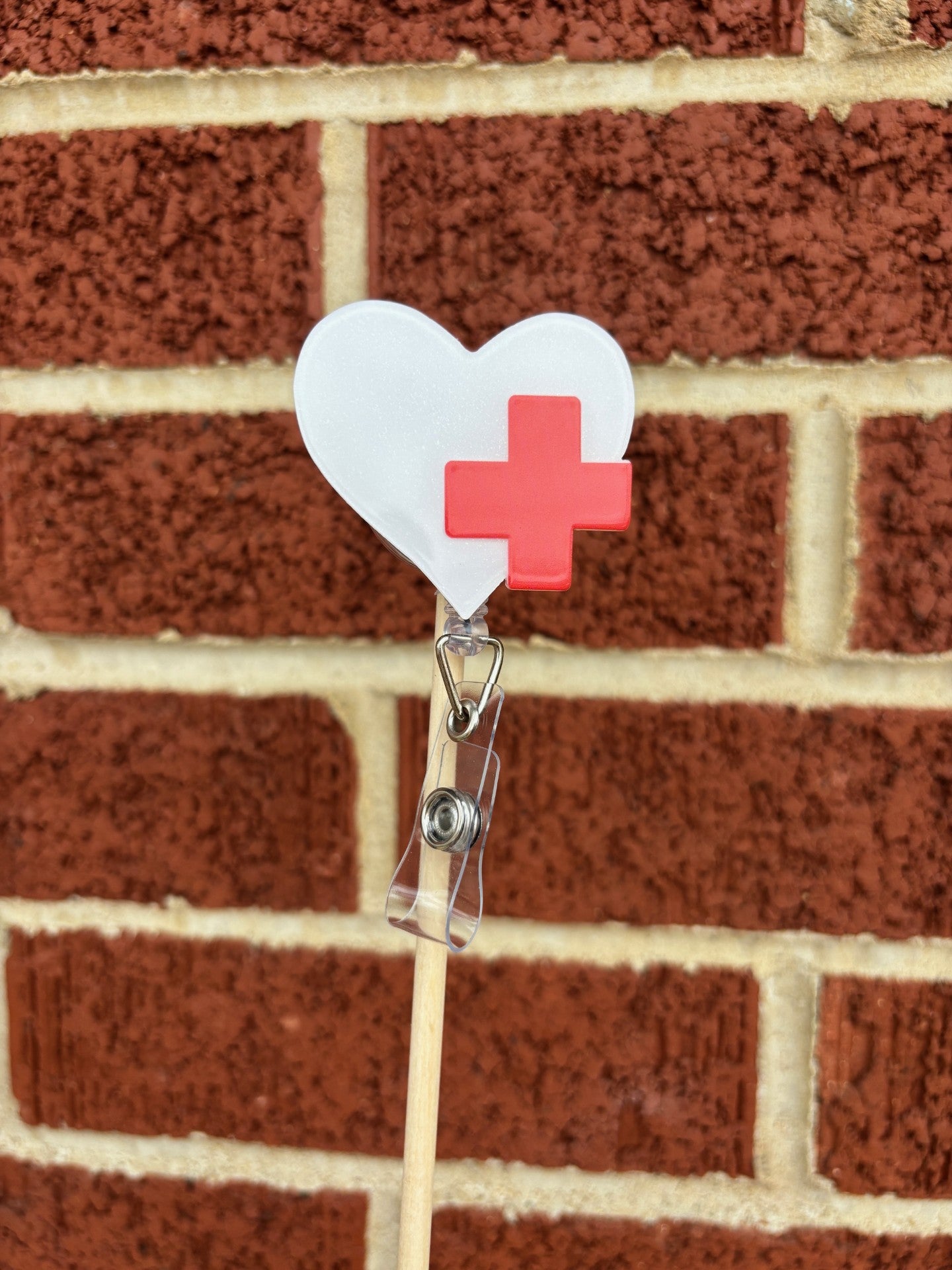 "White Heart with Red Cross" Badge Reel with Alligator clip